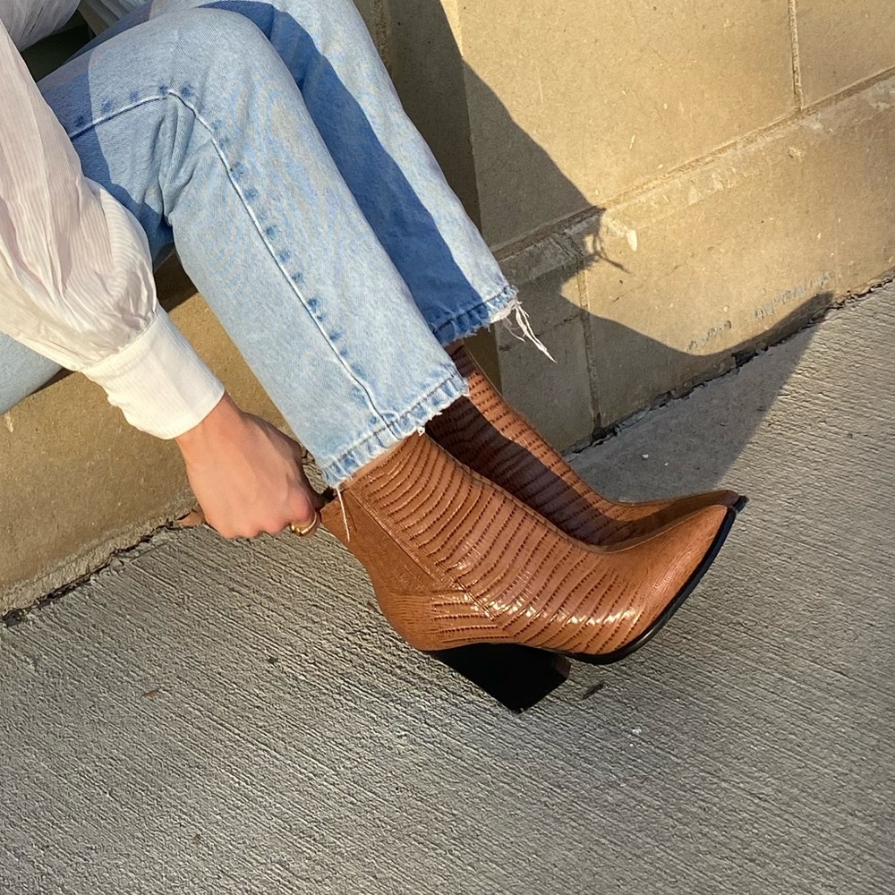 Marc fisher brown croc ankle booties